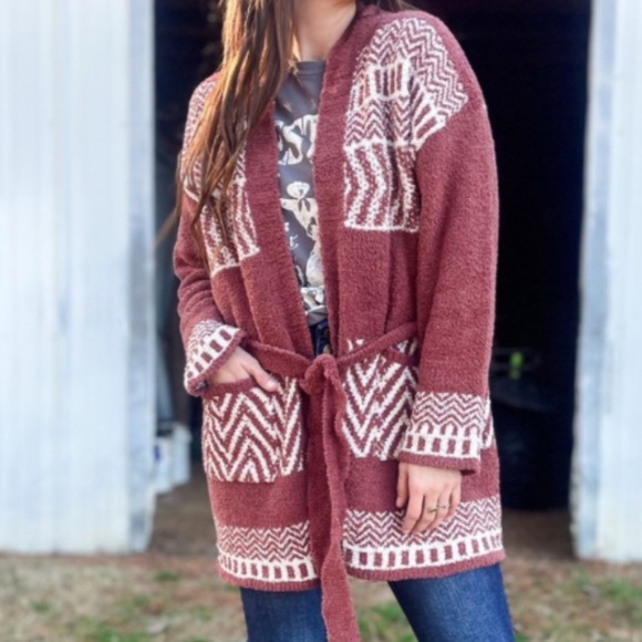 82. CLEARANCE Last 1! Soft pocket Burnt Red/light burgundy Aztec belted cardigan - Picture 3 of 12